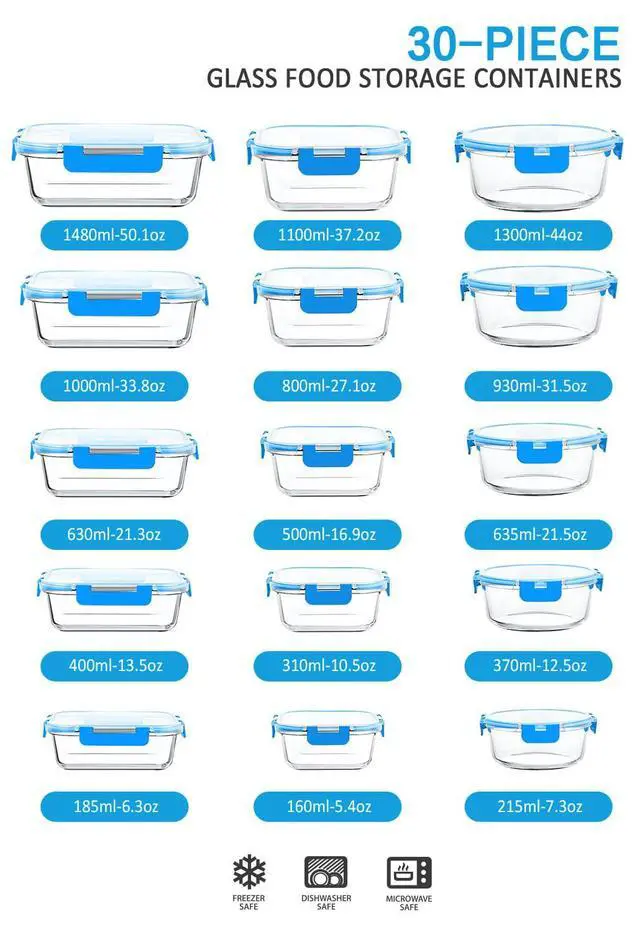 Alt view image 2 of 7 - M MCIRCO 30 Piece Extra Large Glass Food Storage Containers with Lids, Blue | Glass Meal Prep Containers,Airtight Lunch Containers with Lids, Microwave, Oven, Freezer and Dishwasher Friendly, BPA Free