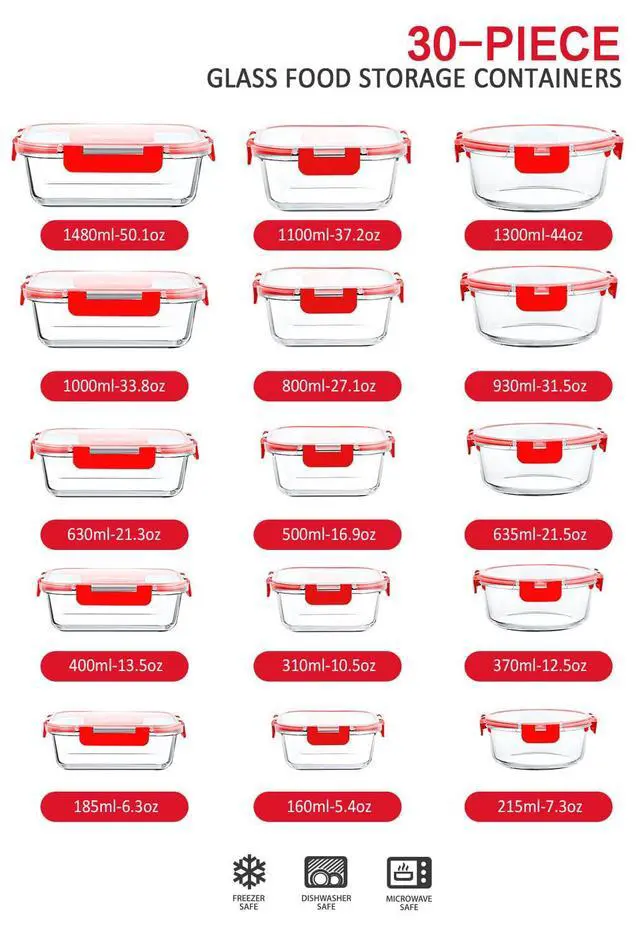 Alt view image 2 of 7 - M MCIRCO 30 Piece Extra Large Glass Food Storage Containers with Lids, Red | Glass Meal Prep Containers,Airtight Lunch Containers with Lids, Microwave, Oven, Freezer and Dishwasher Friendly, BPA Free