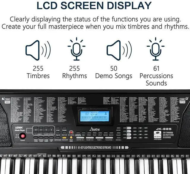 Alt view image 2 of 7 - JIKADA 61 Key Portable Electronic Keyboard Piano,3 Teaching Modes | Electric Keyboard Piano Set w/Lighted Keys, Stand, Stool,LCD Screen, Built-In Speakers, Headphones, Microphone, Note Stickers