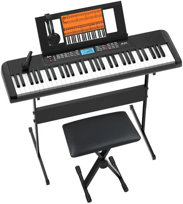 Main image of JIKADA 61 Key Electronic Keyboard Piano with 300 Timbres, 300 Rhythms | 61 Key Compact Electric Piano Keyboard w/LCD Screen, Built-In Speakers, Headphones, Stand, Stool, Music Rest, Microphone