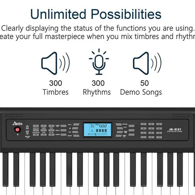 Alt view image 3 of 7 - JIKADA 61 Key Electronic Keyboard Piano with 300 Timbres, 300 Rhythms | 61 Key Compact Electric Piano Keyboard w/LCD Screen, Built-In Speakers, Headphones, Stand, Stool, Music Rest, Microphone