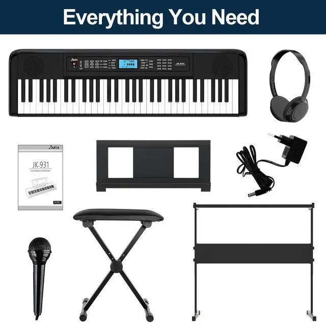 Alt view image 6 of 7 - JIKADA 61 Key Electronic Keyboard Piano with 300 Timbres, 300 Rhythms | 61 Key Compact Electric Piano Keyboard w/LCD Screen, Built-In Speakers, Headphones, Stand, Stool, Music Rest, Microphone