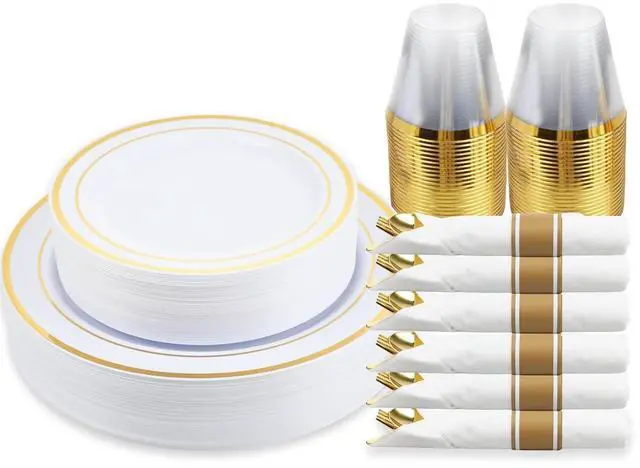Main image of M MCIRCO 175 Piece Gold Dinnerware Set - 50 Plastic Plates, 25 Cups, 25 Pre Rolled Napkins with Plastic Silverware, Disposable Gold Dinnerware Set for 25 Guest