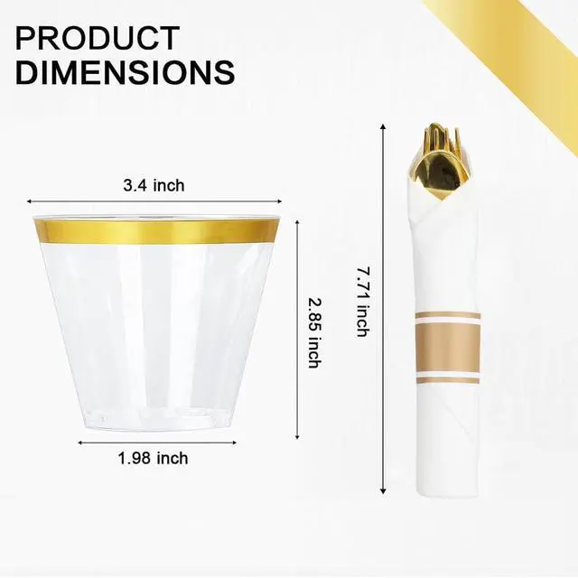 Alt view image 4 of 7 - M MCIRCO 175 Piece Gold Dinnerware Set - 50 Plastic Plates, 25 Cups, 25 Pre Rolled Napkins with Plastic Silverware, Disposable Gold Dinnerware Set for 25 Guest