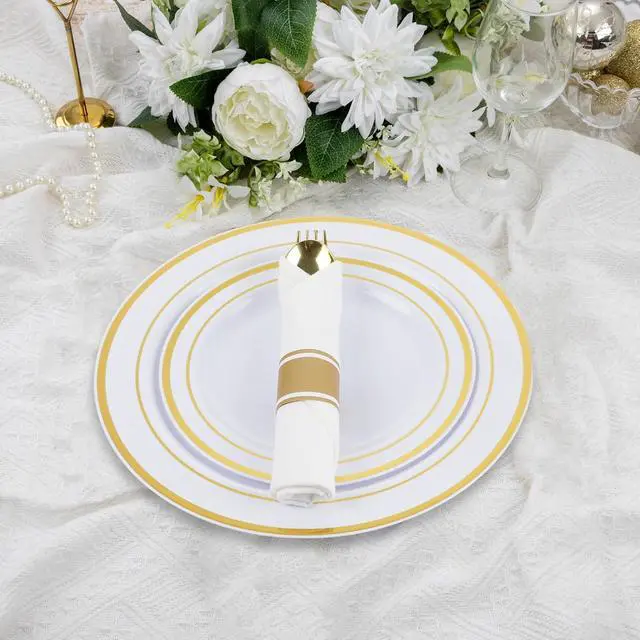 Alt view image 5 of 7 - M MCIRCO 175 Piece Gold Dinnerware Set - 50 Plastic Plates, 25 Cups, 25 Pre Rolled Napkins with Plastic Silverware, Disposable Gold Dinnerware Set for 25 Guest