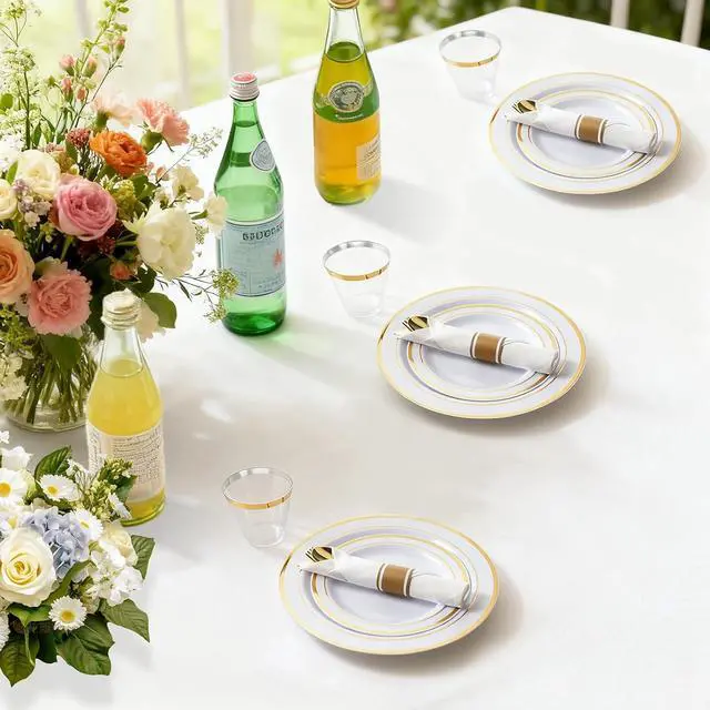 Alt view image 6 of 7 - M MCIRCO 175 Piece Gold Dinnerware Set - 50 Plastic Plates, 25 Cups, 25 Pre Rolled Napkins with Plastic Silverware, Disposable Gold Dinnerware Set for 25 Guest