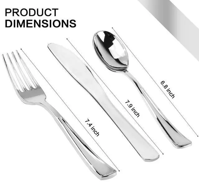 Alt view image 3 of 6 - M MCIRCO 350 Piece Dinnerware Set,100 Silver Rim Plastic Plates, 50 Cups,50 Pre Rolled Napkins with Plastic Silverware, Disposable Dinnerware Set for 50 Guest, Silver