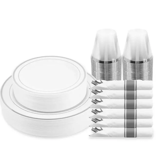 Main image of M MCIRCO 175 Piece Silver Dinnerware Set,25 Silver Rim Plastic Plates, 25 Cups,25 Pre Rolled Napkins with Plastic Silverware, Disposable Dinnerware Set for 25 Guest