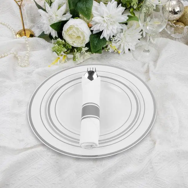 Alt view image 5 of 6 - M MCIRCO 350 Piece Dinnerware Set,100 Silver Rim Plastic Plates, 50 Cups,50 Pre Rolled Napkins with Plastic Silverware, Disposable Dinnerware Set for 50 Guest, Silver