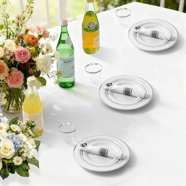 Alt view image 6 of 6 - M MCIRCO 350 Piece Dinnerware Set,100 Silver Rim Plastic Plates, 50 Cups,50 Pre Rolled Napkins with Plastic Silverware, Disposable Dinnerware Set for 50 Guest, Silver
