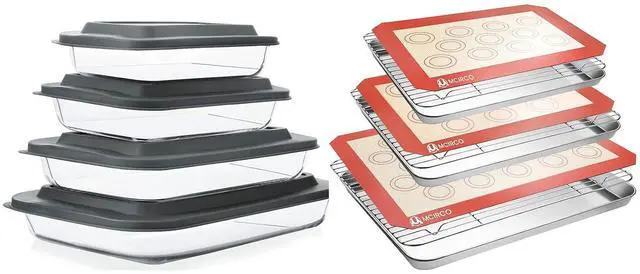 Main image of MCIRCO 8 Pcs Glass Baking Dish Set with Lids, 9 Pcs Stainless Steel Baking Sheet Tray Cooling Rack with Silicone Baking Mat Set, For Cooking, Baking