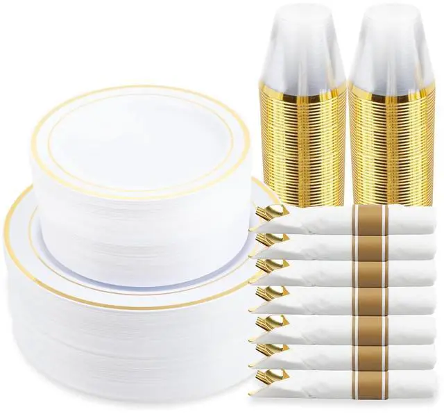 Main image of M MCIRCO 350 Piece Gold Dinnerware Set,100 Plastic Plates, 50 Cups,50 Pre Rolled Napkins with Plastic Silverware, Disposable Gold Dinnerware Set for 50 Guest