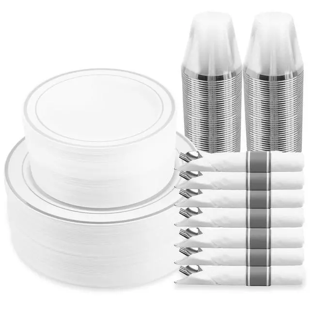 Main image of M MCIRCO 350 Piece Dinnerware Set,100 Silver Rim Plastic Plates, 50 Cups,50 Pre Rolled Napkins with Plastic Silverware, Disposable Dinnerware Set for 50 Guest, Silver