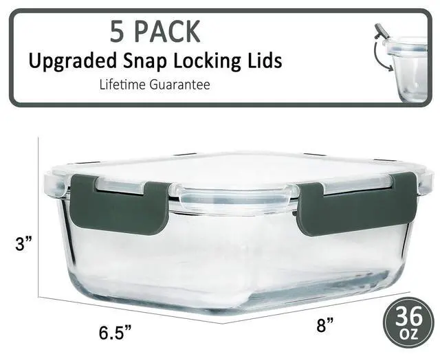 Alt view image 4 of 7 - MCIRCO 36oz Single Compartment Glass Meal Prep Containers set of 5 and 36oz 2 Compartments Portion Control Glass Meal Prep Containers set of 5