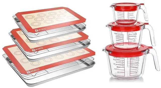 Main image of 9 Pcs Stainless Steel Baking Sheet Tray Cooling Rack with Silicone Baking Mat Set, and 6 Pcs Glass Measuring Cups with Lids Set, for baking, Kitchen