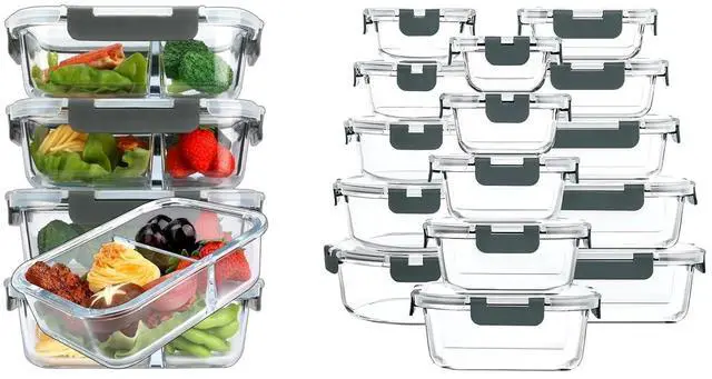 Main image of M MCIRCO 36 oz 2 Compartments Glass Meal Prep Containers set of 5 and 30Pcs Glass Food Storage Containers Set