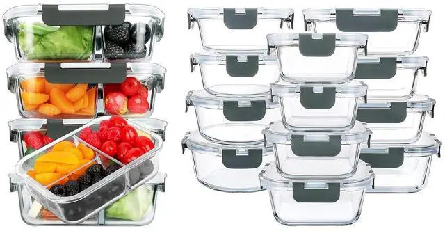 Main image of M MCIRCO 36 oz 3 Compartments Glass Meal Prep Containers set of 5 and 24Pcs Glass Food Storage Containers Set
