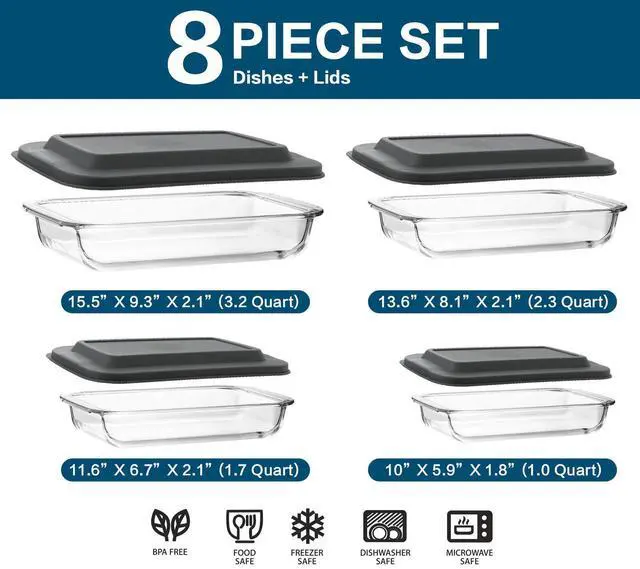 Alt view image 2 of 7 - 8-Piece Deep Glass Baking Dish Set with Lids and 6 Pcs Glass Measuring Cups with Lids Set, for Cooking, Kitchen