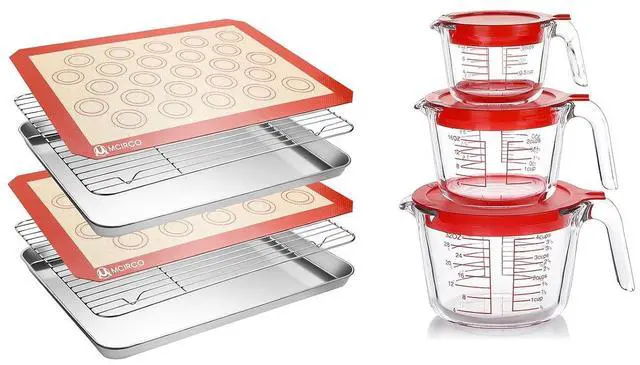Main image of 6 Pcs Stainless Steel Baking Sheet Tray Cooling Rack with Silicone Baking Mat Set, and 6 Pcs Glass Measuring Cups with Lids Set, for baking, Kitchen