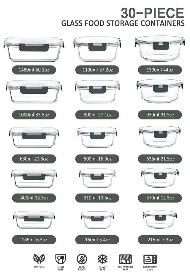 Alt view image 6 of 7 - MCIRCO 8 Pcs Glass Baking Dish Set with Lids, 30 Pcs Glass Food Storage Containers with Lids, Fridge, Microwave, Oven, Dishwasher Friendly, For Cooking, Baking