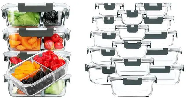 Main image of M MCIRCO 36 oz 3 Compartments Glass Meal Prep Containers set of 5 and 30Pcs Glass Food Storage Containers Set