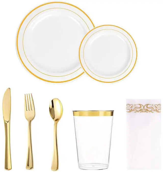 Main image of 7 Piece MCIRCO Gold Dinnerware Set - 2 Gold Rim Plastic Plates - 3 Gold Plastic Silverware - 1 Gold Plastic Cups - 1 Gold Paper Napkins, 1 Guest Disposable Gold Dinnerware Set