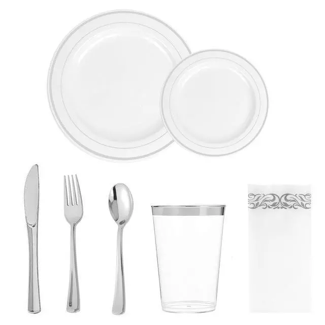 Main image of 7 Piece MCIRCO Silver Dinnerware Set - 2 Silver Rim Plastic Plates - 3 Silver Plastic Silverware - 1 Silver Plastic Cups - 1 Silver Paper Napkins, 1 Guest Disposable Silver Dinnerware Set