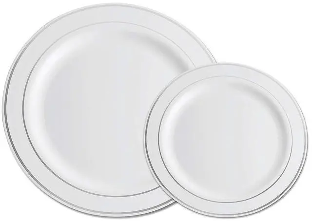 Main image of Gold Plastic Plates, MCIRCO 2 Pieces Disposable Party Plates for Weddings, Include 1 10.25 Inch Dinner Plates and 1 7.5 Inch Dessert Appetizer Plates, Silver
