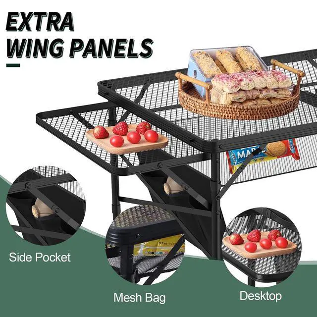 Alt view image 6 of 7 - WildFinder Folding Table with 2 Wing Panels, 3x2 FT Foldable Camping Table | Height Adjustable Folding Grill Table with Mesh Desktop & Mesh Bag, Portable Outdoor Table for Picnic,Camping,BBQ,Beach