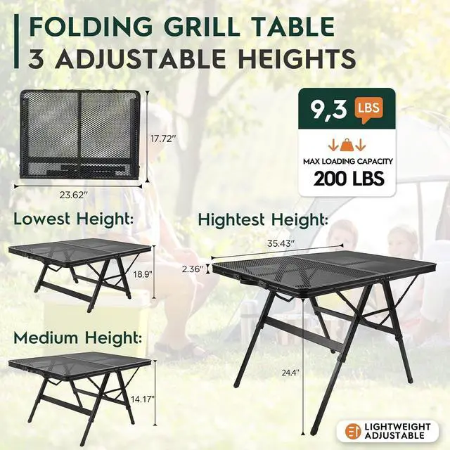Alt view image 2 of 7 - WildFinder Folding Grill Table, 3x2 FT Adjustable Height Camping Table | Foldable Camping table with Mesh Desktop, Lightweight Outdoor Table for Picnic,Camping,BBQ,Beach(Black)
