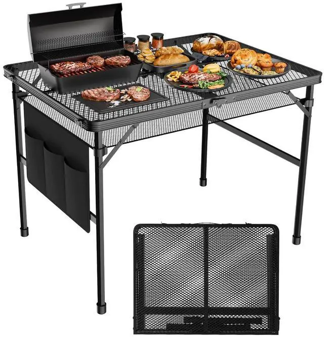 Main image of WildFinder Folding Grill Table, 3x2 FT Height Adjustable Camping Table | Portable Camping table with Mesh Desktop, Lightweight Metal table Outdoor for Picnic,Camping,BBQ,Beach(Black)