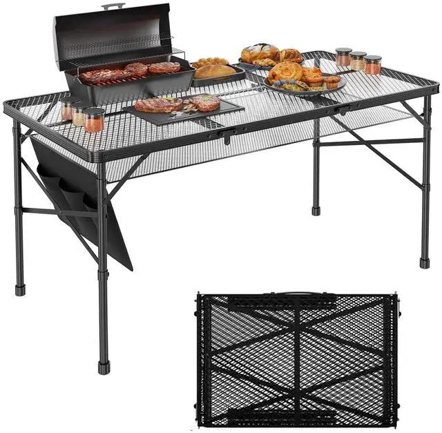 Main image of WildFinder Folding Grill Table, 4x2 FT Height Adjustable Camping Table | Folding Camping table with Mesh Desktop, Waterproof & Fireproof Metal table Outdoor for Picnic,Camping,BBQ,Beach(Black)