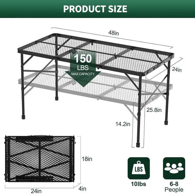 Alt view image 3 of 7 - WildFinder Folding Grill Table, 4x2 FT Height Adjustable Camping Table | Folding Camping table with Mesh Desktop, Waterproof & Fireproof Metal table Outdoor for Picnic,Camping,BBQ,Beach(Black)