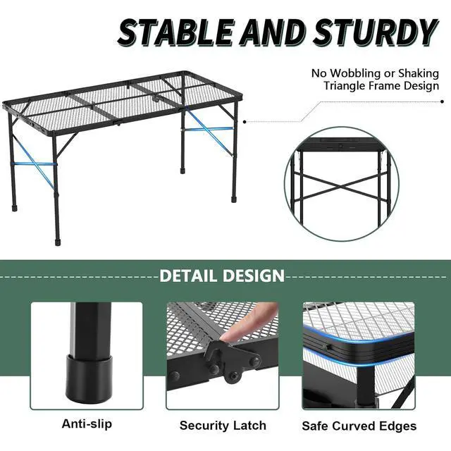 Alt view image 5 of 7 - WildFinder Folding Grill Table, 4x2 FT Height Adjustable Camping Table | Folding Camping table with Mesh Desktop, Waterproof & Fireproof Metal table Outdoor for Picnic,Camping,BBQ,Beach(Black)
