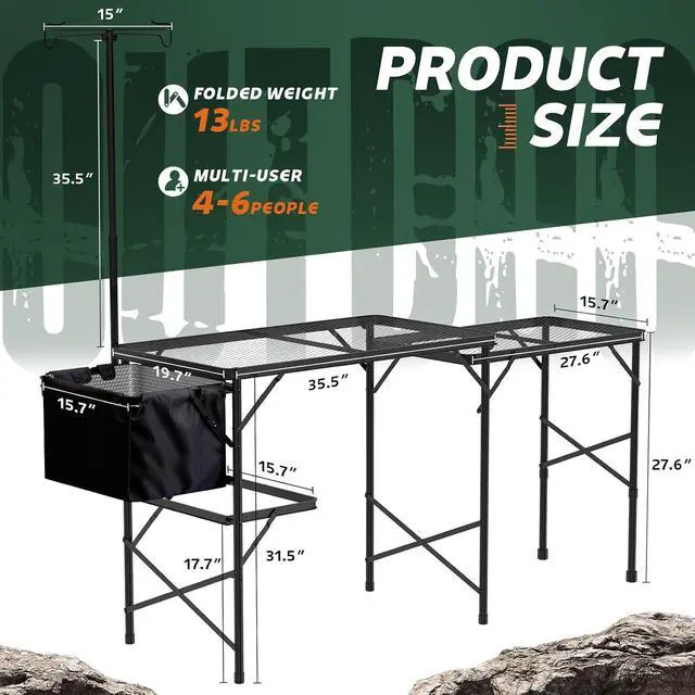Alt view image 3 of 7 - WildFinder Folding Table, 5.7x2 FT Height Adjustable Camping Table | Portable Outdoor Table with Sink & Double Shelf & Removable Basin, Metal table Outdoor for Picnic,Camping,BBQ,Beach
