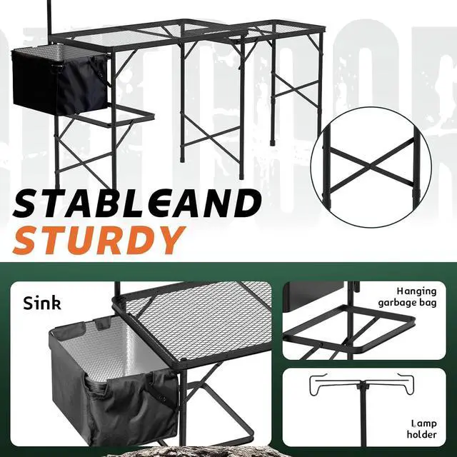 Alt view image 6 of 7 - WildFinder Folding Table, 5.7x2 FT Height Adjustable Camping Table | Portable Outdoor Table with Sink & Double Shelf & Removable Basin, Metal table Outdoor for Picnic,Camping,BBQ,Beach