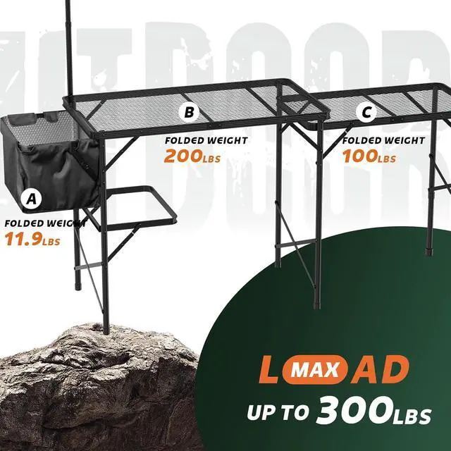 Alt view image 7 of 7 - WildFinder Folding Table, 5.7x2 FT Height Adjustable Camping Table | Portable Outdoor Table with Sink & Double Shelf & Removable Basin, Metal table Outdoor for Picnic,Camping,BBQ,Beach