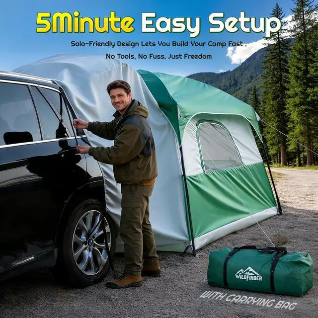 Alt view image 4 of 7 - WildFinder SUV Tent, Car Tents for Camping, Universal SUV Tailgate Tent | 10x9ft Large, PU3000 Waterproof, Camping Tent Universal Compatible with SUV, CUV, Easy Setup Standalone Shelter for Outdoor