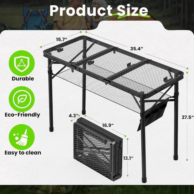 Alt view image 3 of 7 - WildFinder Folding Grill Table, 3x1.3 FT Portable Camping Table, Foldable | 3 Adjustable Height Max 27.5" Grill Tables for Outside with Mesh Bag, Outdoor table for Camping, Picnic, BBQ, Beach, Patio