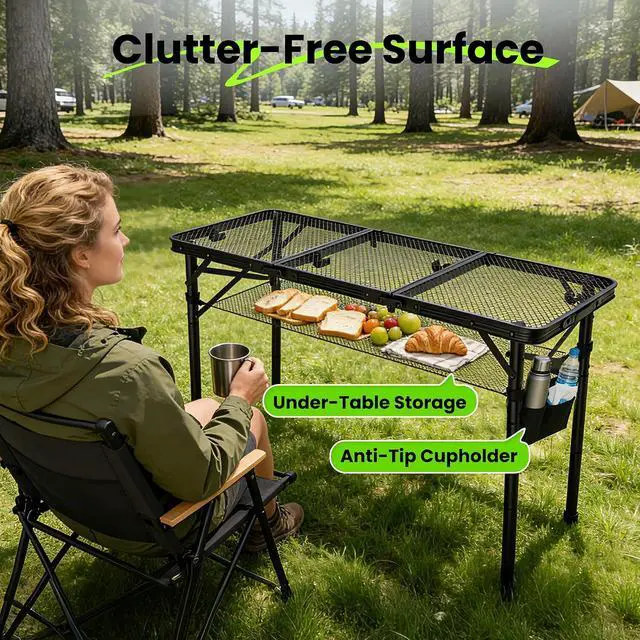 Alt view image 4 of 7 - WildFinder Folding Grill Table, 3x1.3 FT Portable Camping Table, Foldable | 3 Adjustable Height Max 27.5" Grill Tables for Outside with Mesh Bag, Outdoor table for Camping, Picnic, BBQ, Beach, Patio