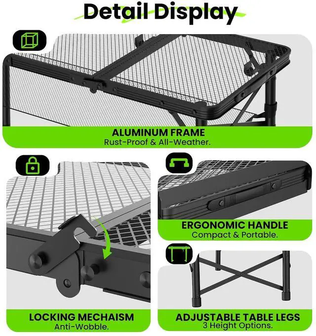 Alt view image 6 of 7 - WildFinder Folding Grill Table, 3x1.3 FT Portable Camping Table, Foldable | 3 Adjustable Height Max 27.5" Grill Tables for Outside with Mesh Bag, Outdoor table for Camping, Picnic, BBQ, Beach, Patio