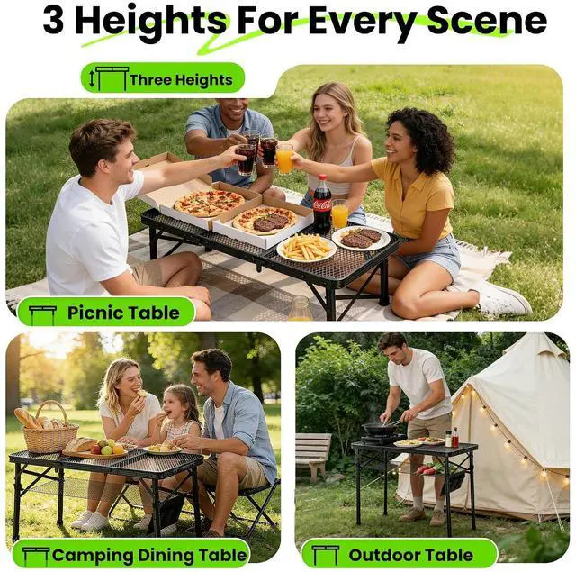 Alt view image 5 of 7 - WildFinder Folding Grill Table, 3x1.3 FT Portable Camping Table, Foldable | 3 Adjustable Height Max 27.5" Grill Tables for Outside with Mesh Bag, Outdoor table for Camping, Picnic, BBQ, Beach, Patio