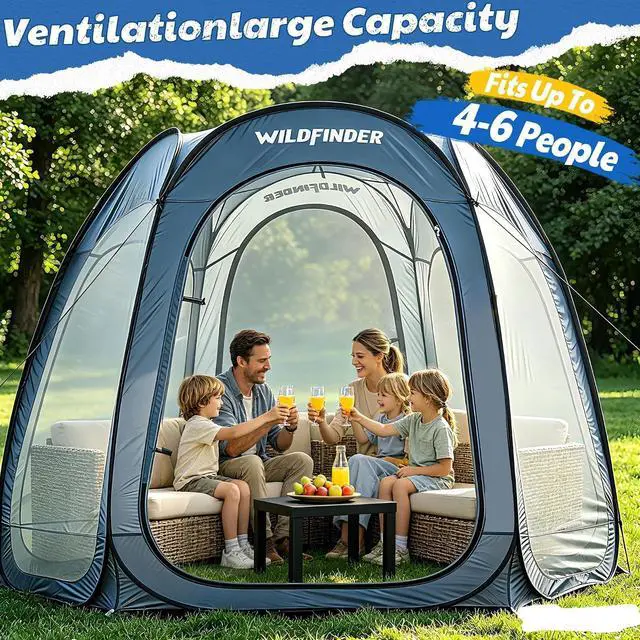 Alt view image 6 of 7 - WildFinder 10x10 Pop Up Screen House Tent, Screened Canopy with Mesh Walls | Fits 4-6 Person,Portable Waterproof Instant Gazebo, Backyard Shade Mosquito Tent for Patio, Backyard, Deck and Camping