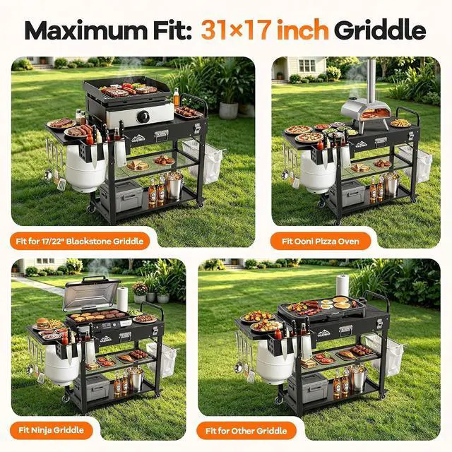 Alt view image 2 of 7 - Grill Cart for Blackstone Griddle, Outdoor Grill Table Foldable for Ninja | Folding Pizza Oven Stand Grill Stand Fit 17 or 22 Inch Tabletop Griddle, Portable BBQ Prep Station with Tool Hooks & Wheels