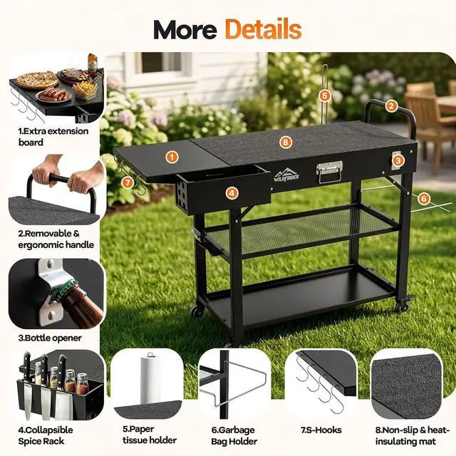 Alt view image 3 of 7 - Grill Cart for Blackstone Griddle, Outdoor Grill Table Foldable for Ninja | Folding Pizza Oven Stand Grill Stand Fit 17 or 22 Inch Tabletop Griddle, Portable BBQ Prep Station with Tool Hooks & Wheels