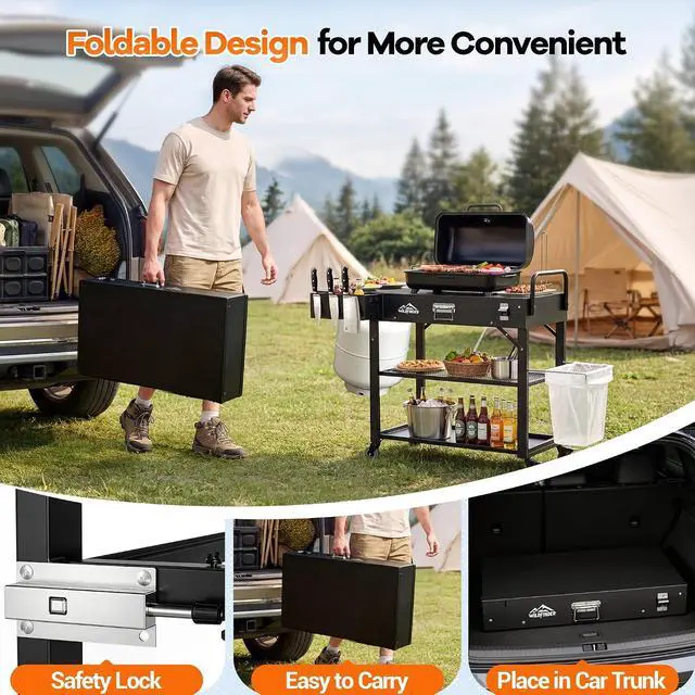 Alt view image 5 of 7 - Grill Cart for Blackstone Griddle, Outdoor Grill Table Foldable for Ninja | Folding Pizza Oven Stand Grill Stand Fit 17 or 22 Inch Tabletop Griddle, Portable BBQ Prep Station with Tool Hooks & Wheels