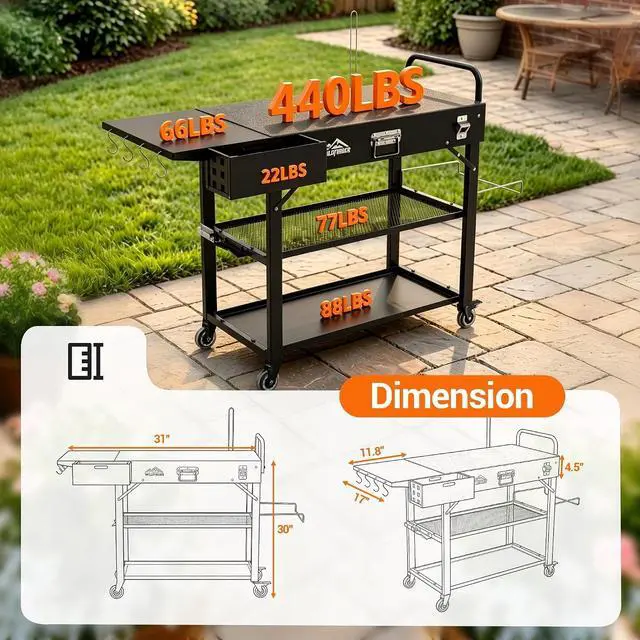 Alt view image 4 of 7 - Grill Cart for Blackstone Griddle, Outdoor Grill Table Foldable for Ninja | Folding Pizza Oven Stand Grill Stand Fit 17 or 22 Inch Tabletop Griddle, Portable BBQ Prep Station with Tool Hooks & Wheels