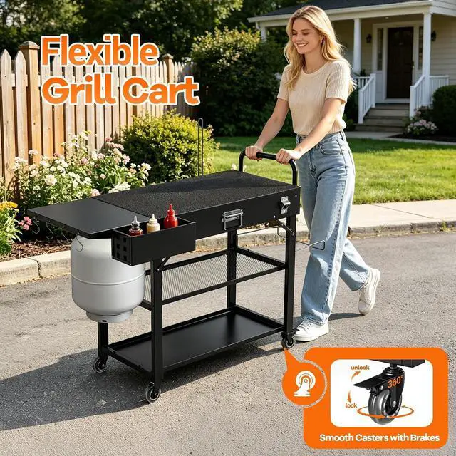 Alt view image 6 of 7 - Grill Cart for Blackstone Griddle, Outdoor Grill Table Foldable for Ninja | Folding Pizza Oven Stand Grill Stand Fit 17 or 22 Inch Tabletop Griddle, Portable BBQ Prep Station with Tool Hooks & Wheels