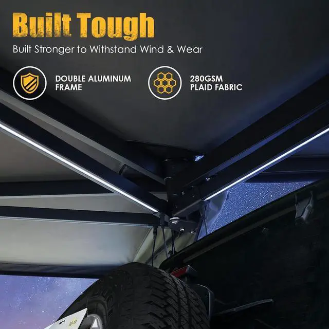 Alt view image 4 of 7 - Wildfinder 270 Awning Driver Side Freestanding, Waterproof UV50+ SUV Van | Car Awning 65 Sq Ft, Adjustable Height 4 Ft to 7 Ft, Built-in LED Strip, Truck Awning with Durable Storage Bag