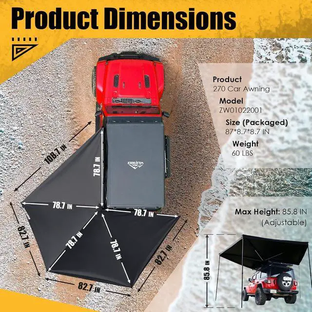 Alt view image 7 of 7 - Wildfinder 270 Awning Driver Side Freestanding, Waterproof UV50+ SUV Van | Car Awning 65 Sq Ft, Adjustable Height 4 Ft to 7 Ft, Built-in LED Strip, Truck Awning with Durable Storage Bag